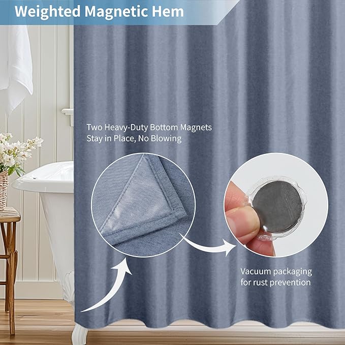 2-in-1 Waterproof Extra Long Fabric Shower Curtain or Liner,Linen Textured,96 Inch Breathable TPU & Washable Bathroom Shower Curtain Set with 12 Plastic Hooks,Modern,72"x96" Blue Gray