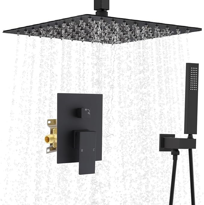 Matte Black Full Body Rain Shower System 16 Inch Ceiling Mount Dual Function Shower Faucet System Set with Overhead Rainfall Shower and Handheld Spray, Pressure Balance Valve Kit and Trim