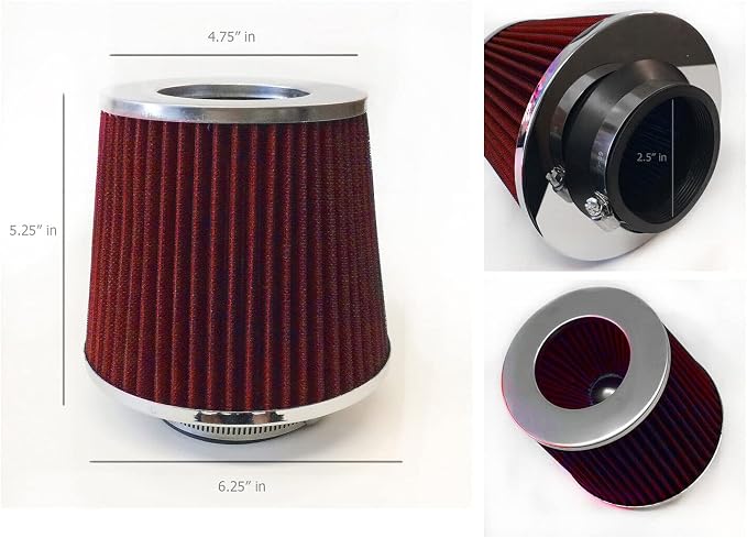 Red Cold Air Intake Cone Replacement Performance Washable Clamp-on Dry Filter - Image 2