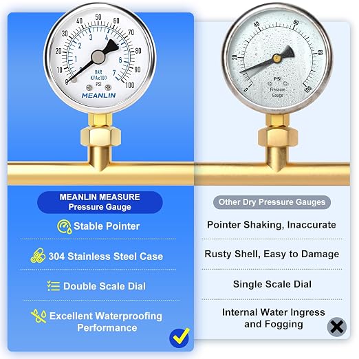 MEANLIN MEASURE 0~100Psi Dry Pressure Gauge Stainless Steel 1/8" NPT 2" FACE - Image 5