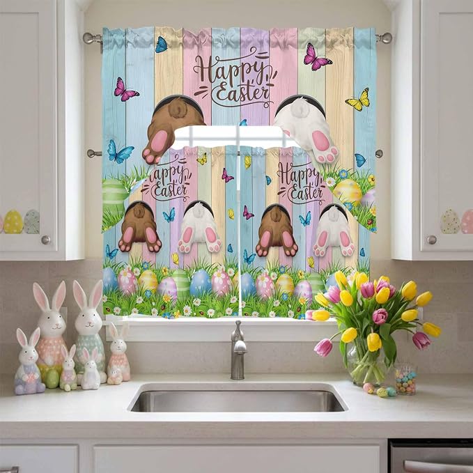 Swag Valance Curtains, Happy Easter Rabbit Butt Egg on Daisy Leaf Rod Pocket - Image 4