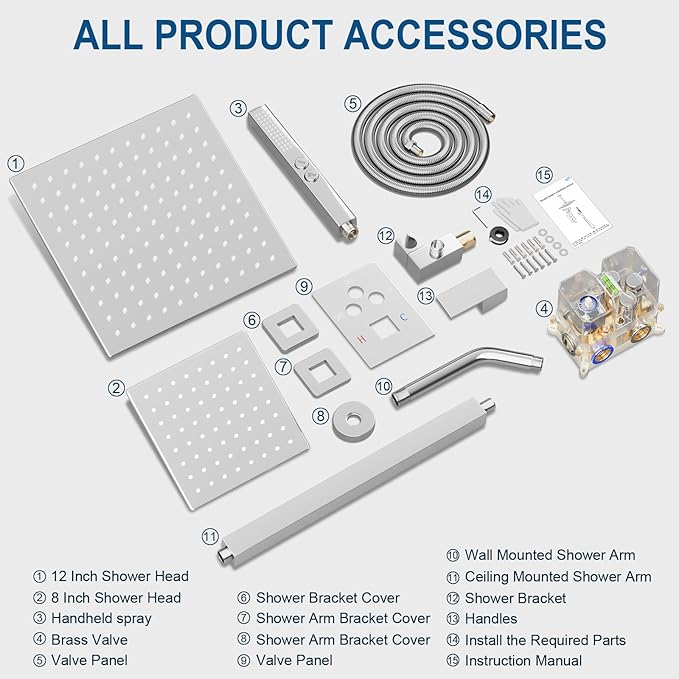 Shower Faucet Set Polished Chrome Shower System, Ceiling Mount 12 Inch Shower Head With Wall Mount 6 Inch Shower Head and 2 in 1 Handheld Spray, Push Button Diverter Shower Valve Trim Kit