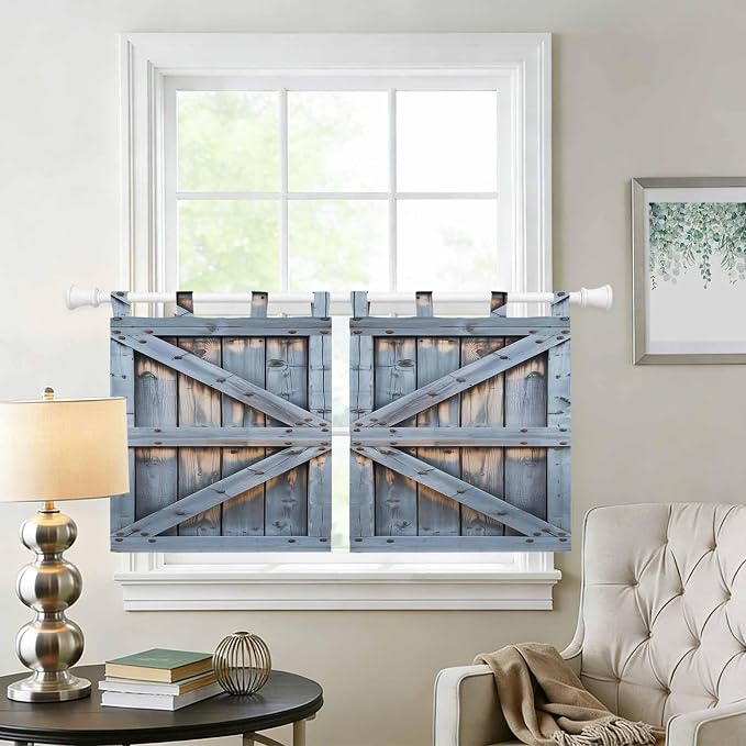Farmhouse Wood Grain Kitchen Curtains 24 Inch Length, Small Window Curtains Tab - Image 2