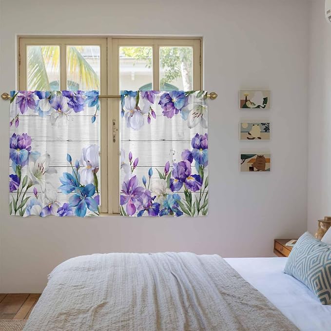 Spring Flowers Kitchen Curtains, Watercolor Garden Florals Wooden Grain Light - Image 4