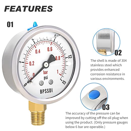 0-15 Psi Glycerin Liquid Filled Low Pressure Gauge, 2.5" Dial Size, 1/4" NPT - Image 4