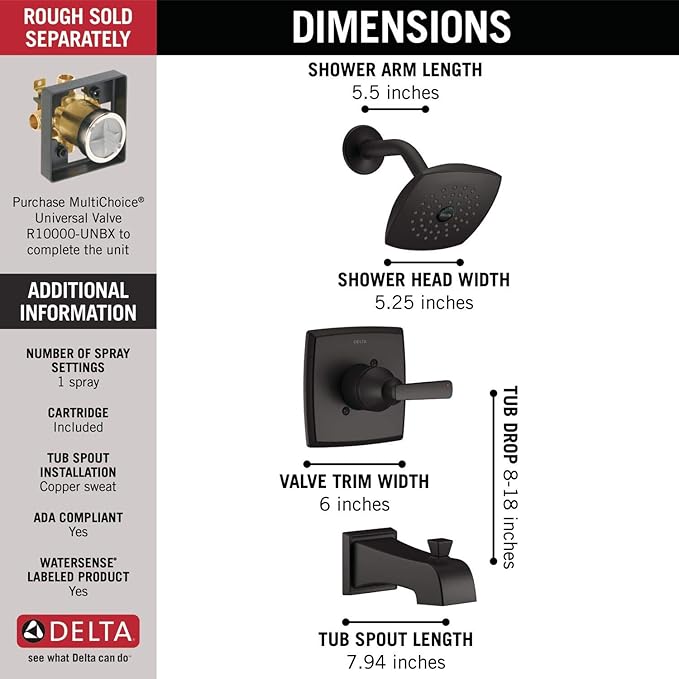 Delta Ashlyn 14 Series Bathtub and Shower Faucet Set, Matte Black Shower Head and Handle Set, Valve Trim Kit, Matte Black T14464-BL (Valve Not Included)