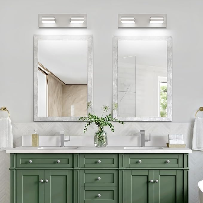 SineRise LED Modern Bathroom Vanity Light Fixtures (2-Light, 15.5-Inch, Dimmable), Brushed Nickel Modern Acrylic Bathroom Wall Lighting Fixtures Over Mirror (Cool White 6000K)