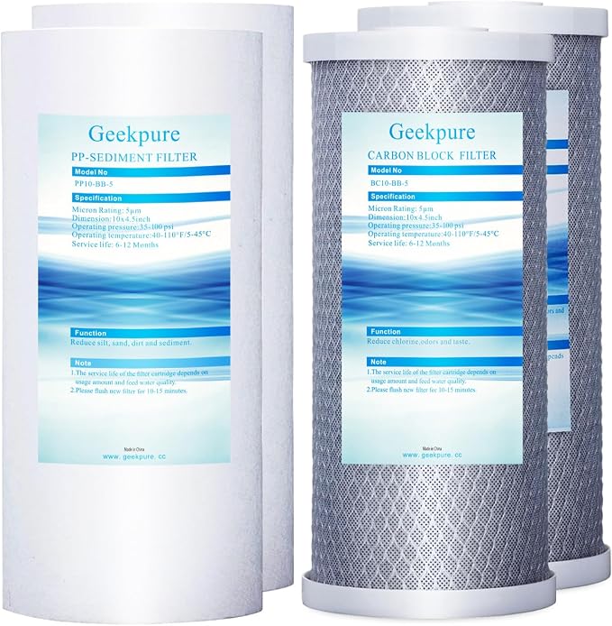 Geekpure 10 Inch Whole House Replacement Water Filters Set w/PP and Carbon by Geekpure