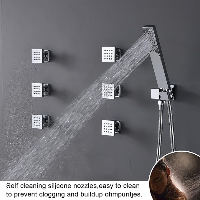 Shower System Polished Chrome Shower Faucet Set with 14X20 inch Shower Head, 6 PCS Body Jet and Handheld Shower, with Digital Temperature Display Function