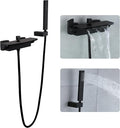 Wall Mount Tub Filler Matte Black Waterfall Tub Faucet with Sprayer, Brass Bathtub Wall Faucets with Hand Shower, High Flow Tub Spout, Bath Tub Faucet Set 2 Handles - JIAENLEMA