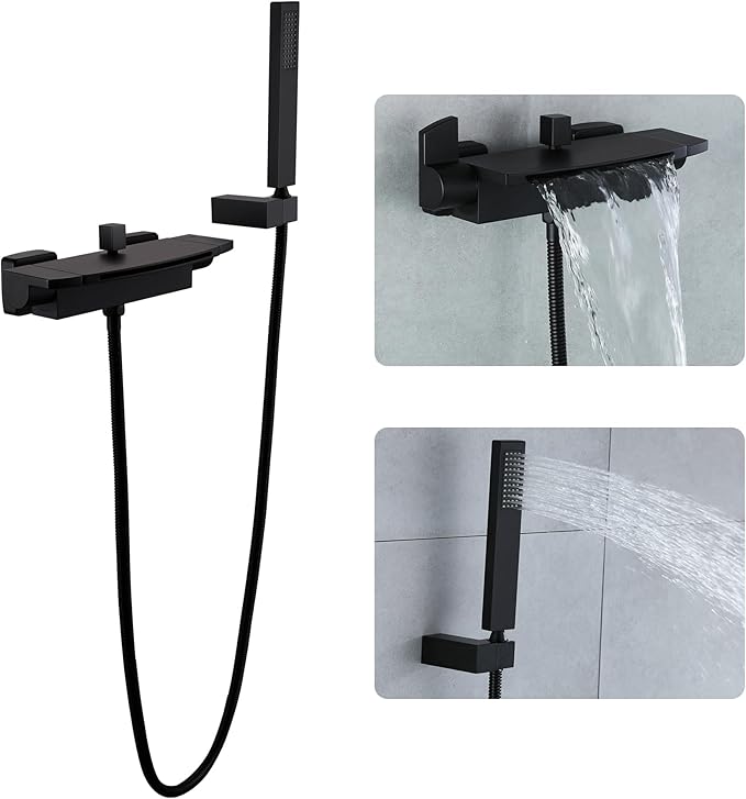 Wall Mount Tub Filler Matte Black Waterfall Tub Faucet with Sprayer, Brass Bathtub Wall Faucets with Hand Shower, High Flow Tub Spout, Bath Tub Faucet Set 2 Handles - JIAENLEMA