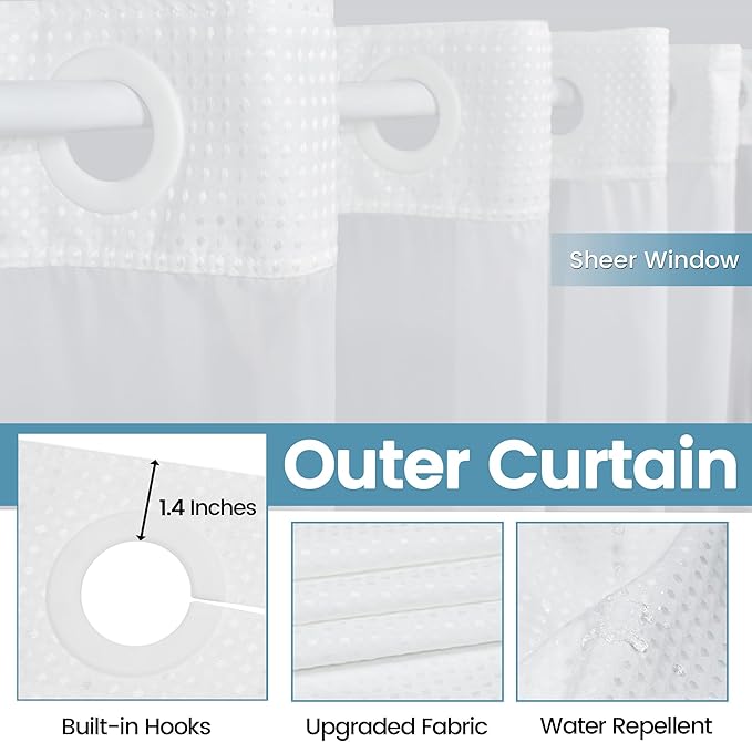 White Stall No Hook Shower Curtain with Snap in Liner,230GSM Waffle Weave Shower Curtains for Bathroom,54W x 80H
