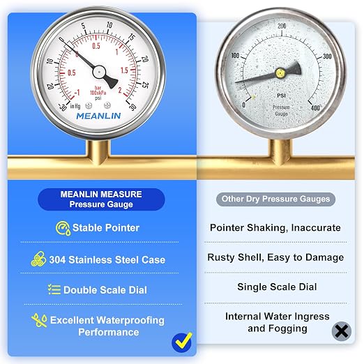 MEANLIN MEASURE -30inHG~30Psi Vacuum Gauge Stainless Steel 1/4" NPT 2" FACE - Image 5