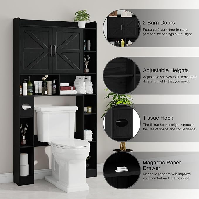 Vabches Over The Toilet Cabinet, Double Doors Bathroom Shelf Organizer with Toilet Paper Holder Stand and Open Storage Shelf, Small Freestanding Space Saver for Restroom, Bathroom, Laundry, Black