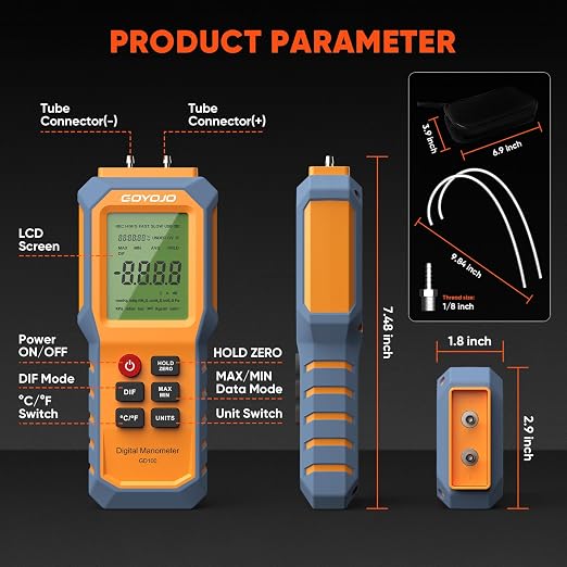 Handheld Manometer with Backlit, Dual-Port HVAC Digital Manometer Gas Pressure - Image 3