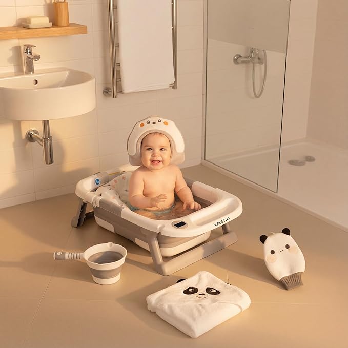 VASTIO™ 6-in-1 Collapsible Baby Bathtub Set – Foldable Baby Bath Tub for Newborn to Toddler, Portable Baby Bath Set with Cushion, Cap, Sponge, Rinse Cup & Towel – All-in-One Baby Bathing Essentials