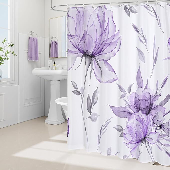 Long Boho Watercolor Floral Shower Curtain 72 x 78, Purple and Grey Ink Painting Style Flower Shower Curtains for Chic Elegant Bathroom, Artistic 78 Inch Long Fabric Shower Curtain