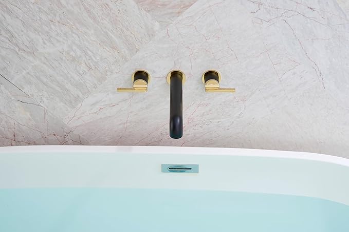 SITGES Polished Gold and Black Solid Brass Wall Mount Bathtub Faucet,10" High Flow Wall Mount Tub Filler with Two Lever Handles,High-End Design with Rough-in Valve Included