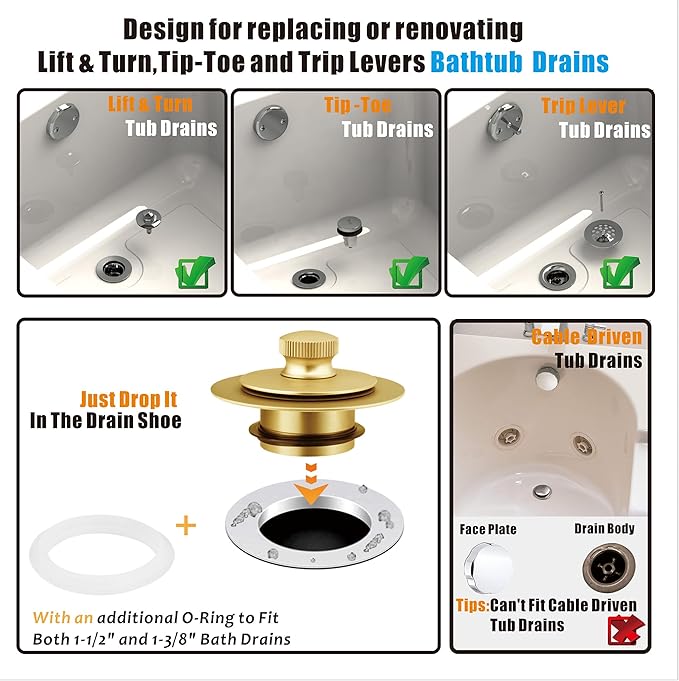 Artiwell Bath Tub Drain Trim Set Conversion Kit Assembly, with Easy Installation Lift and Turn Twist Bathdrain Stopper and Two Holes Tub Drain Overflow Faceplate, Fit Most Bath Drains, Brushed Gold