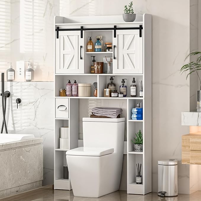 Farmhouse Storage Cabinet Over Toilet with Sliding Doors，Over The Toilet Storage Cabinet, Home Space-Saving Toilet Rack, for Bathroom, Restroom, Laundry.