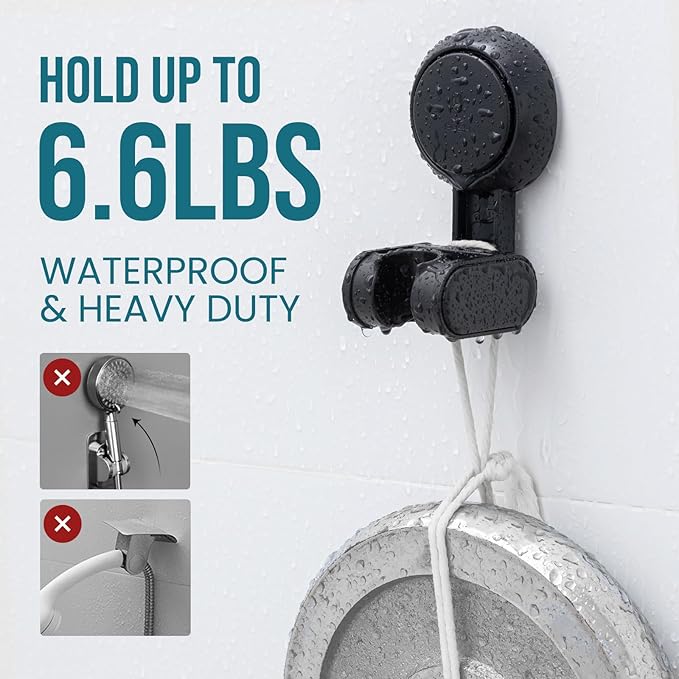TAILI Shower Head Holder Suction Cup, Handheld Shower Head Bracket, Height Angle Adjustable Wall Mounted, Bathroom Showerhead Holder No Drilling Removable Waterproof, Black