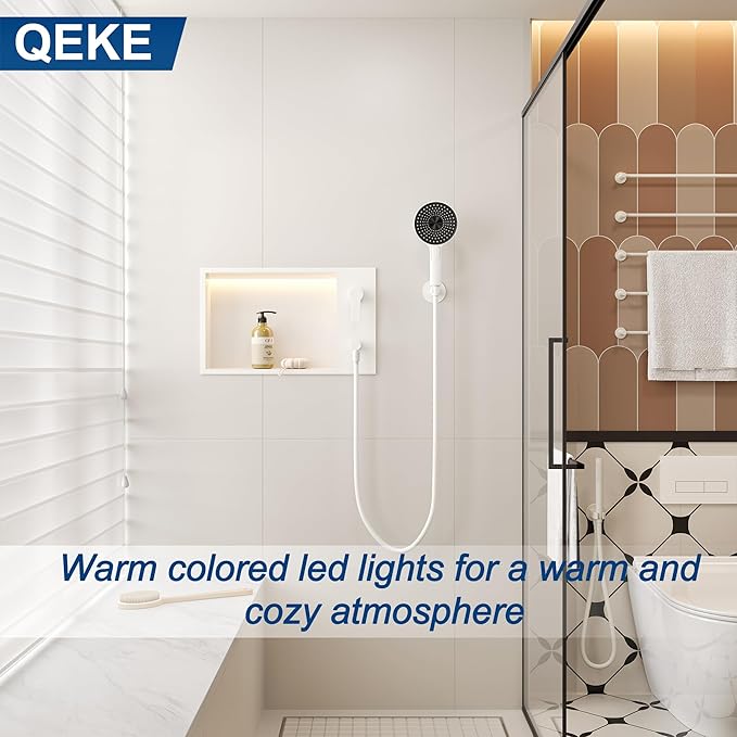 Shower Niche with Round Hand Shower,and LED Light in Matte White/Horizontal