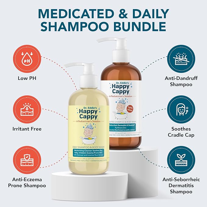 Happy Cappy Daily Medicated Shampoo and Body Wash Bundle - Baby Dandruff Shampoo for Cradle Cap and Seborrheic Dermatitis, Helps Redness, Dermatologist Tested, Fragrance-Free - 2 Pieces