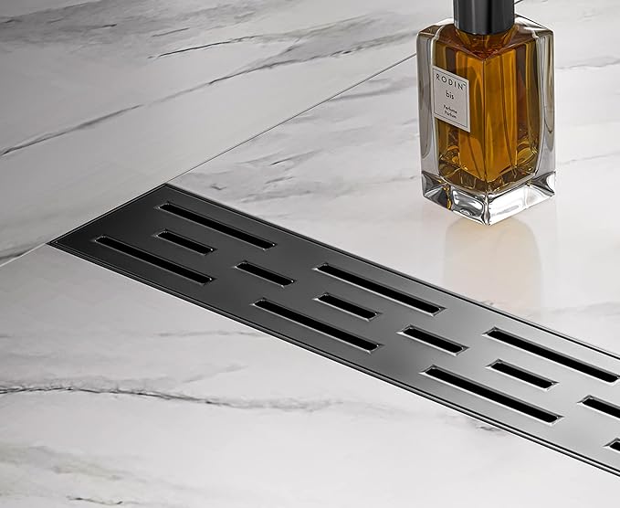 HEATGENE 12-Inch Linear Shower Drain in Matte Black - Stainless Steel Rectangular Shower Floor Drain - Removable Decorative Cover - Adjustable Leveling Feet - CUPC Certified