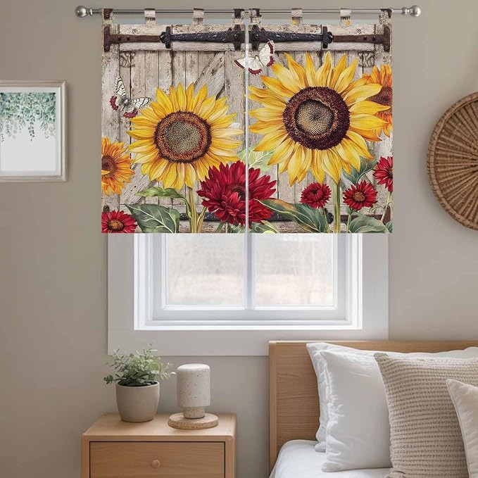 Sunflowers Bedroom Curtains 63 Inch Length, Window Curtains Tab Top, Retro - Image 9