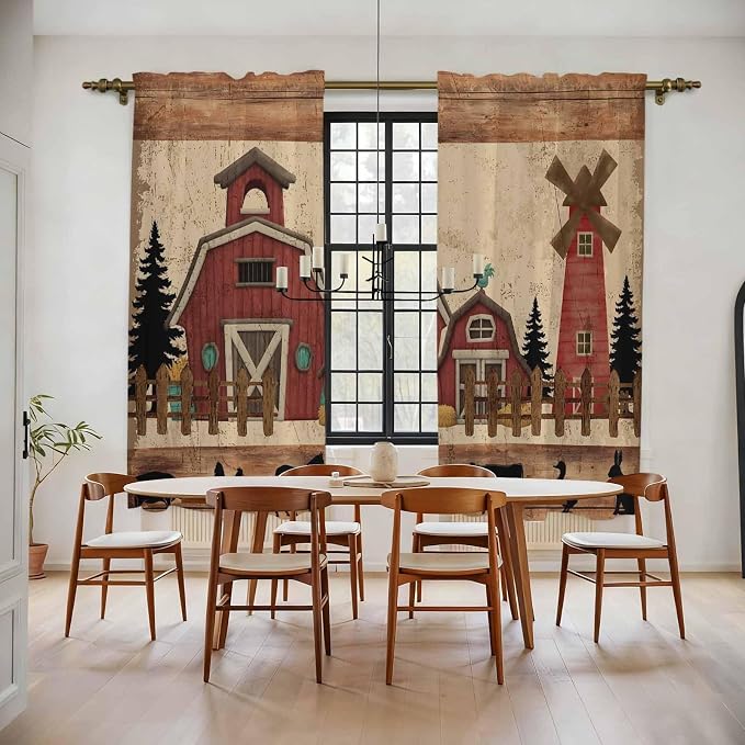 Brown Farmhouse Kitchen Curtains, Vintage Country Animals Wooden Grain Light - Image 2