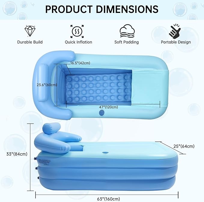 Portable Inflatable Bathtub with Electric Air Pump, Foldable Portable Freestanding Tub, Built-in Water Pillow & Back Support, Cup Holder, Insulated PVC, Includes Repair Patches for Indoor/Outdoor Use