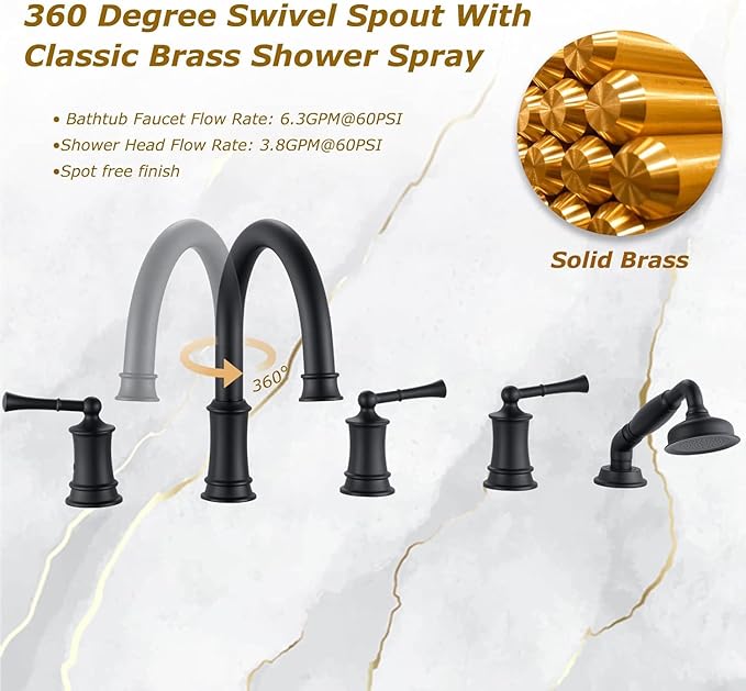 Matte Black Roman Bathtub Faucet Set 5 Hole Deck Mount, Classic Tub Filler with Handshower, High Flow Max 6.3 GPM, 360° Rotatable Spout, 3 Handles, Solid Brass Construction (B2309-BK)