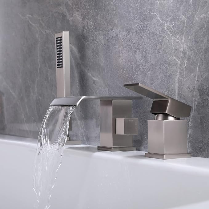 TapLong Modern Roman Tub Faucet with Hand Shower, Waterfall Deck Mount Bathtub Filler Faucet with Sprayer, Widespread 3-Holes Tub Shower Faucet Set in Brushed Nickel, 02763BN