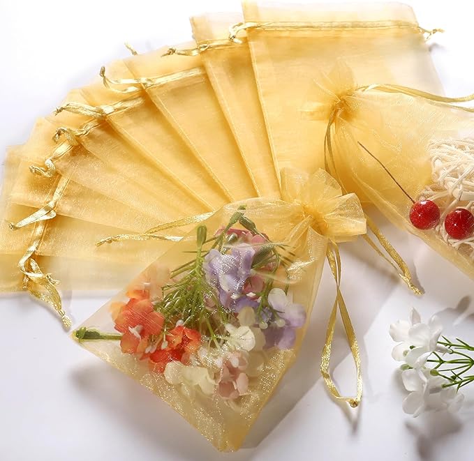 Hopttreely 100pcs Organza Bags, Gold 4''x4.72''(10x12cm) Satin Drawstring Organza Pouch Wedding Party Favor Gift Bag Jewelry Watch Bags