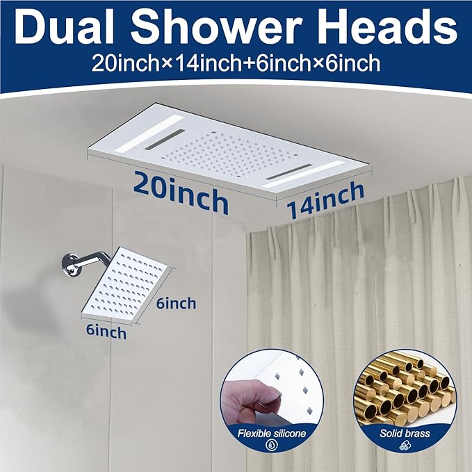 Dual Rain Shower Head Thermostatic Luxury Spa Shower System And Ceiling Mount 14x20 Inch LED 4 Functions with 6 Inch Wall Head Shower Faucet Set,Polished Chrome