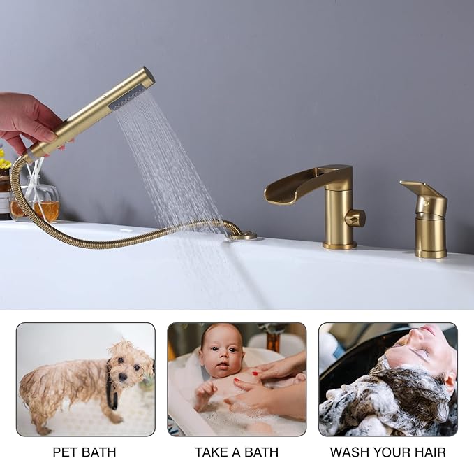 TapLong Waterfall Roman Tub Faucet with Hand Shower, Widespread Deck Mount Bathtub Faucet with Sprayer, Single-Handle 3-Holes Bathtub Shower Faucet Set in Brushed Gold, 03119BG
