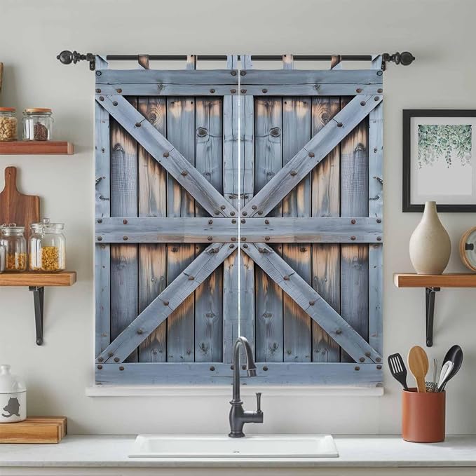 Farmhouse Wood Grain Bathroom Curtains 63 Inch Length, Window Curtains Tab Top - Image 3