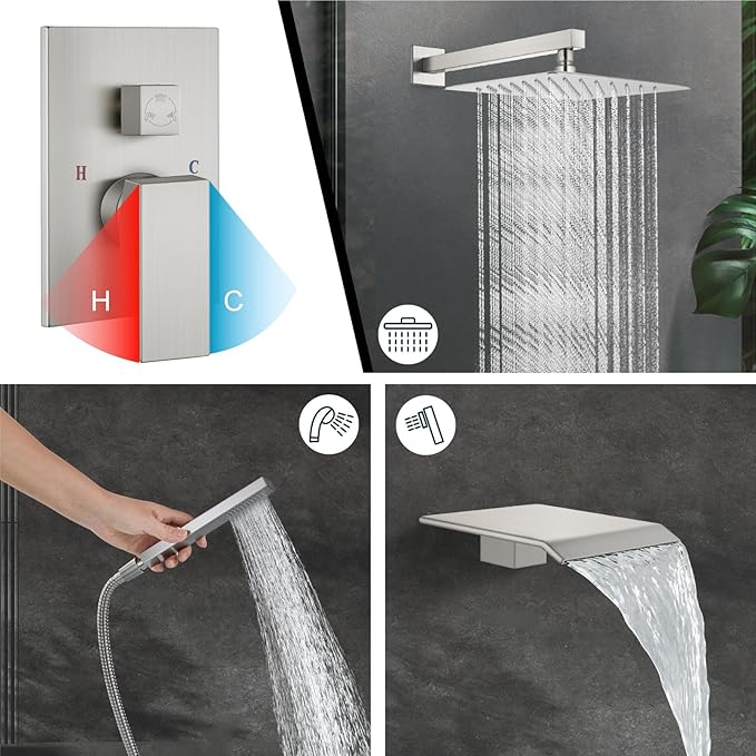 Midanya Rain Shower System with Tub Spout,Tub Shower Faucet Set with rainfall Shower Head and Handheld Spray,Wall Mount Tub Shower Combo Rough-in Valve Included,8 Inch Brushed Nickel