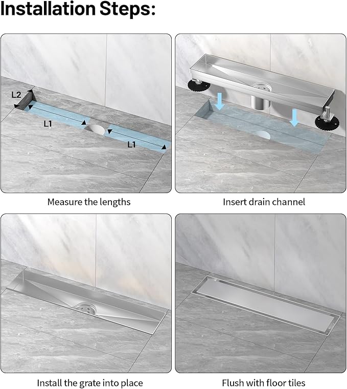 Linear Shower Drain, 304 Stainless Steel with Adjustable Leveling Feet, Hair Strainer,Reversely Install Place to Create an Invisible Floor Drain - Silver -16-Inch