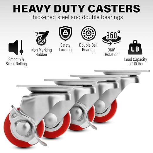 1 Inch Heavy Duty Casters Set of 4, Lockable Plate Caster Wheels - Image 3