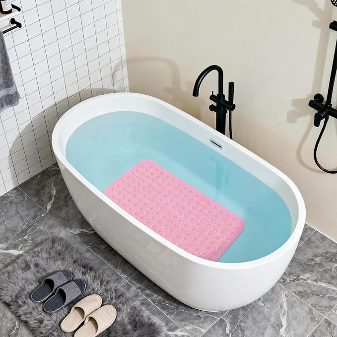 Anti-Slip Bathtub Shower mat, 27.5×14.5（Approximately 70×37cm） inch Soft Oversized Machine Washable Non-Slip Bathtub mat with Drainage Holes, Bathroom Floor Suction Cup.（1-Clear Pink）