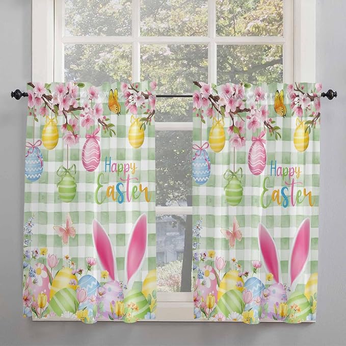 Happy Easter Kitchen Curtains 54 Inches Length, Spring Bunny Eggs Flower Sage - Image 2