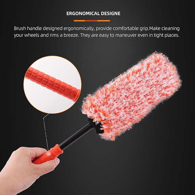 SPTA Car Wheel Brush Set, 2Pcs Microfibre Rim Brush with Extra 2 Large and 2 Small Interchangeable Microfiber Covers, Rim Cleaner Brush for Wheel Cleaning, Wheel Cleaning Brush for All Wheel Types