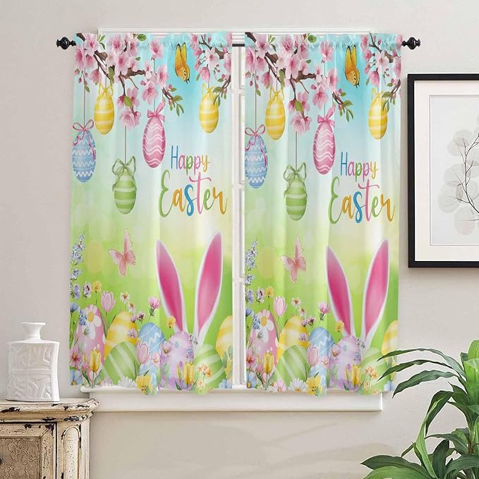 Easter Bedroom Curtains 63 Inches length, Spring Bunny Colorful Rabbit Eggs - Image 2
