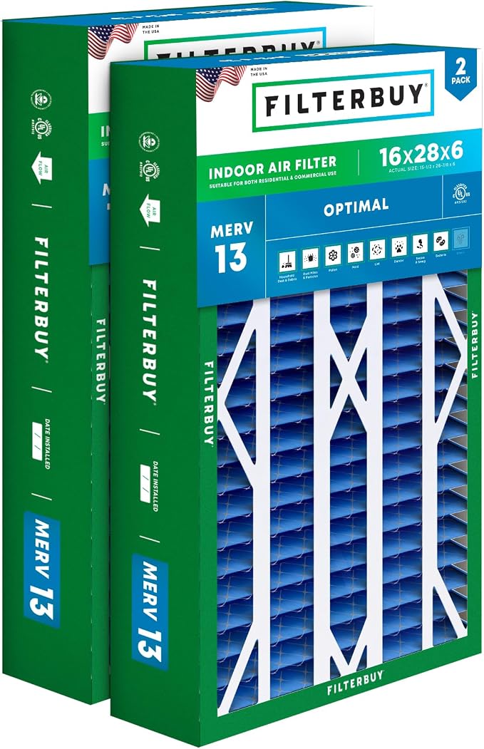 Filterbuy 16x28x6 Air Filter MERV 13 Optimal Smoke & Allergy Defense, Pleated by Filterbuy