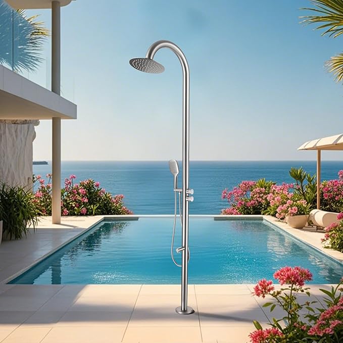 316 Marine Grade Stainless Steel Free Standing Outdoor Shower with Foot Wash, 3-Function Nickel Shower Kit with 10''Rain Shower Head,Outdoor Shower Fixture for Backyard Beach Poolside