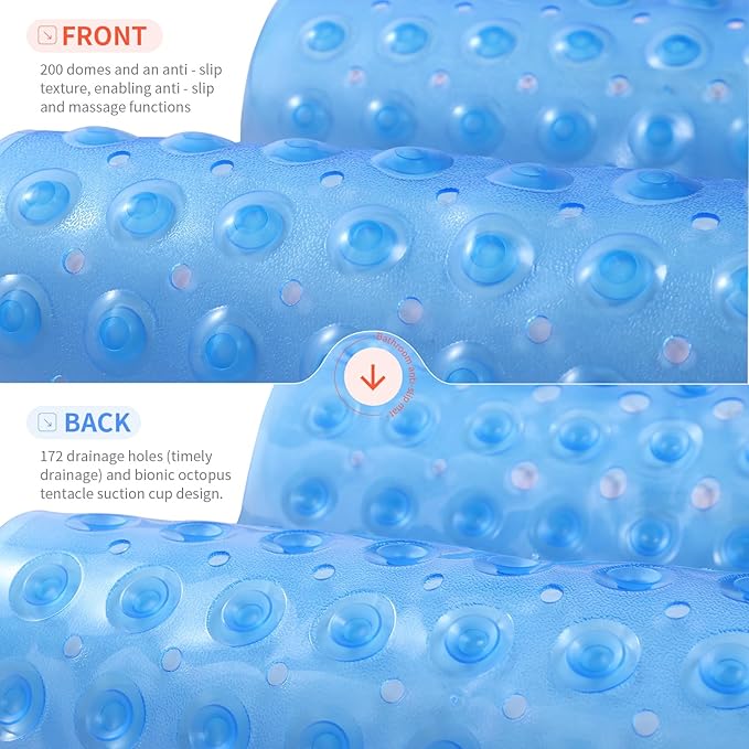 Anti-Slip Bathtub Shower mat, 39.3×15.7 inch（Approximately 100 × 40cm） Soft Oversized Machine Washable Non-Slip Bathtub mat with Drainage Holes, Bathroom Floor Suction Cup.（1-Clear Blue）