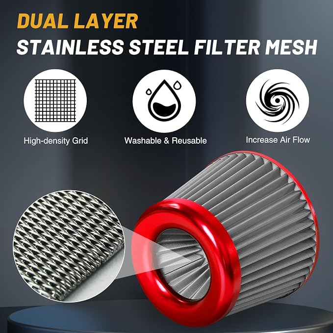 3" 76mm Universal High Flow Cold Air Intake Air Filter Upgraded Stainless Steel - Image 2