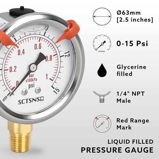 0 to 15 Psi Pressure Gauge, Glycerin Liquid Filled, 2.5 inch Dial, 1/4" NPT - Image 2