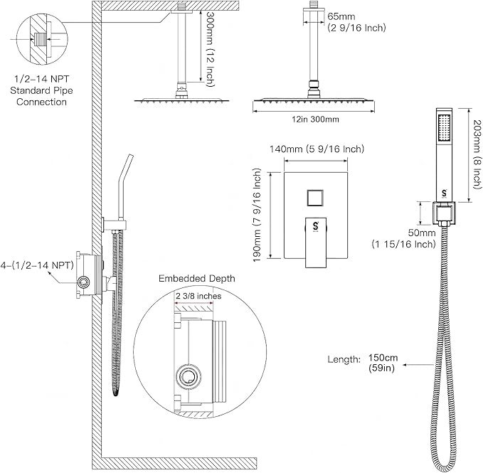 12 Inch Ceiling Mount Shower System Matte Black Rain Mixer Shower Combo Set High Pressure Rainfall Shower Head System Bathroom Luxury Shower Faucet Set Rough-in Valve and Shower Trim Included